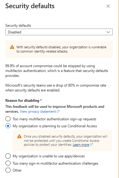 Security Defaults OFF